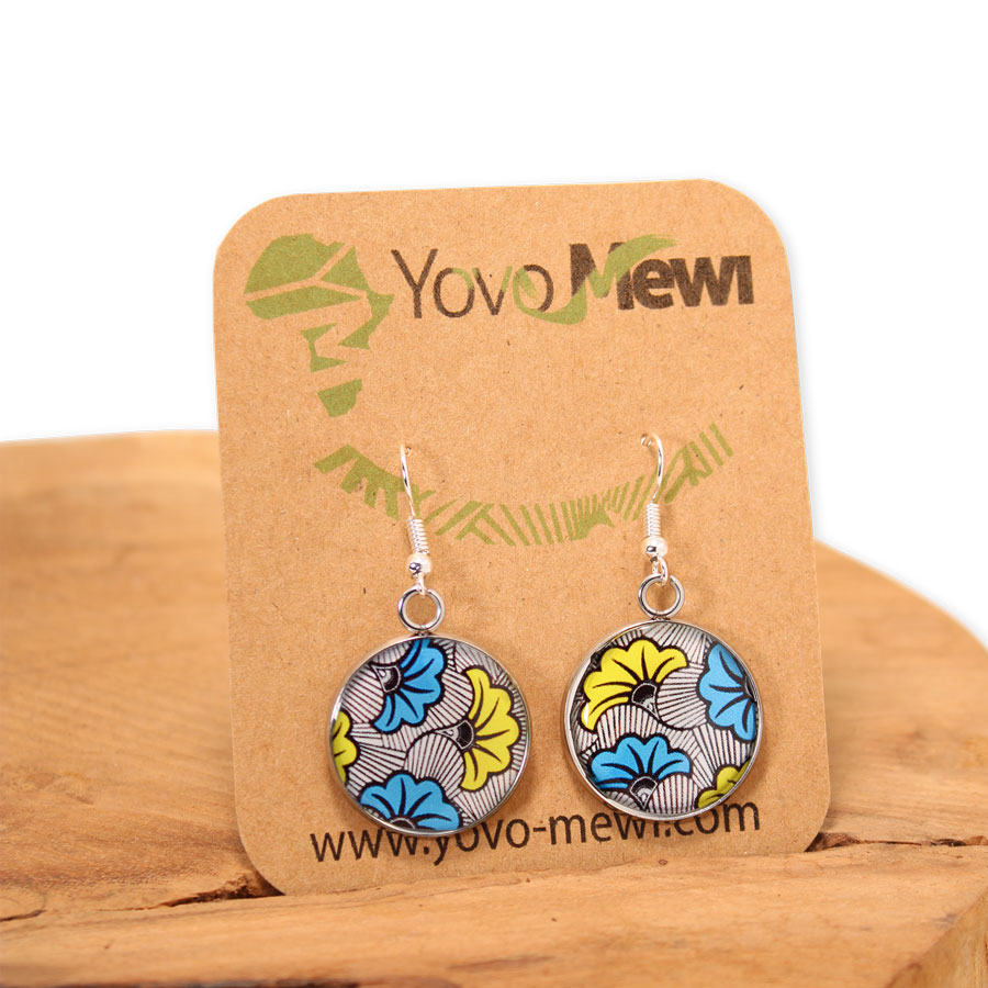 Boucles d'oreilles en tissu Fleurs de mariage bleu jaune, bijoux boucles pendantes cabochon résine, n.9