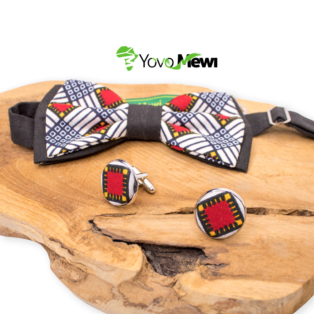 Nœud papillon wax  boutons de manchettes, tissu wax noir blanc rouge
