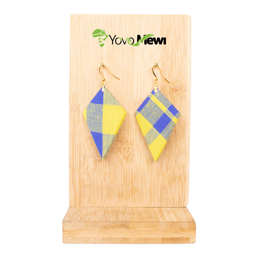 Boucles d'oreilles en tissu madras, jaune bleu, forme quadrilatère, bijoux madras n.202