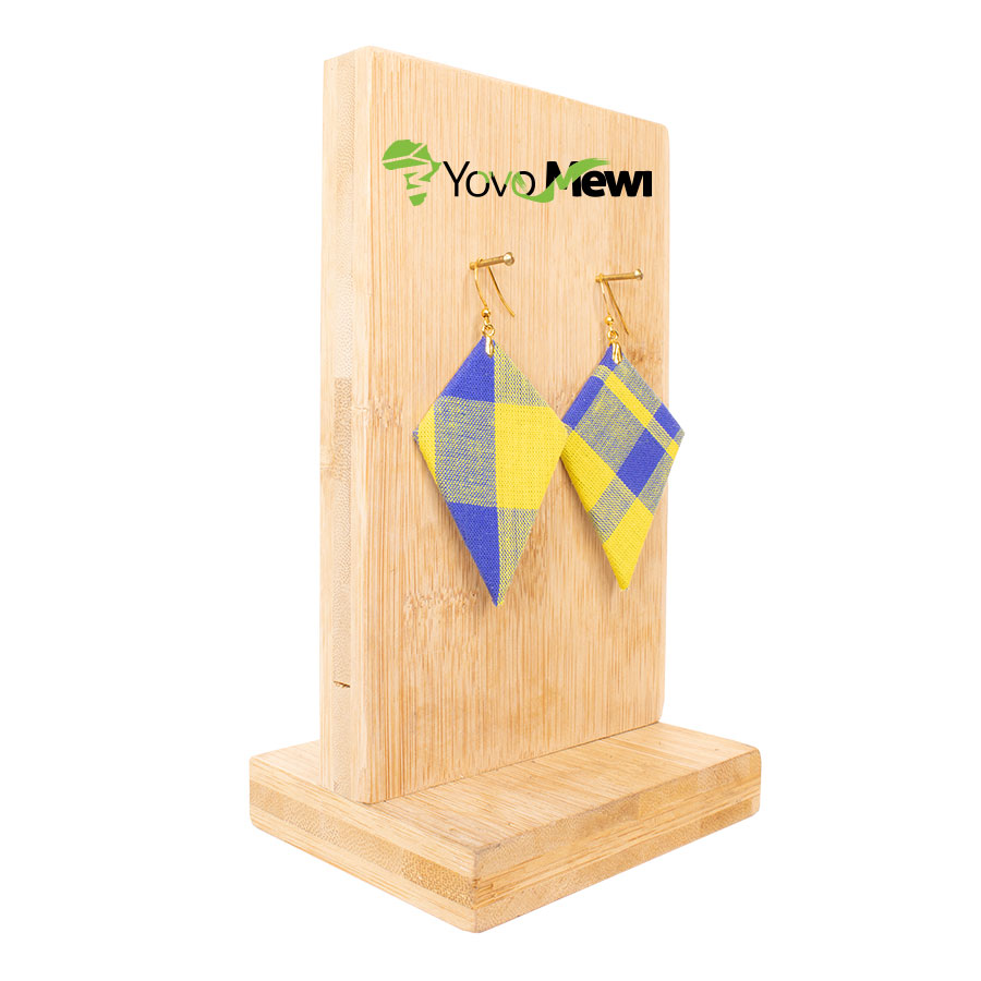 Boucles d'oreilles en tissu madras, jaune bleu, forme quadrilatère, bijoux madras n.202