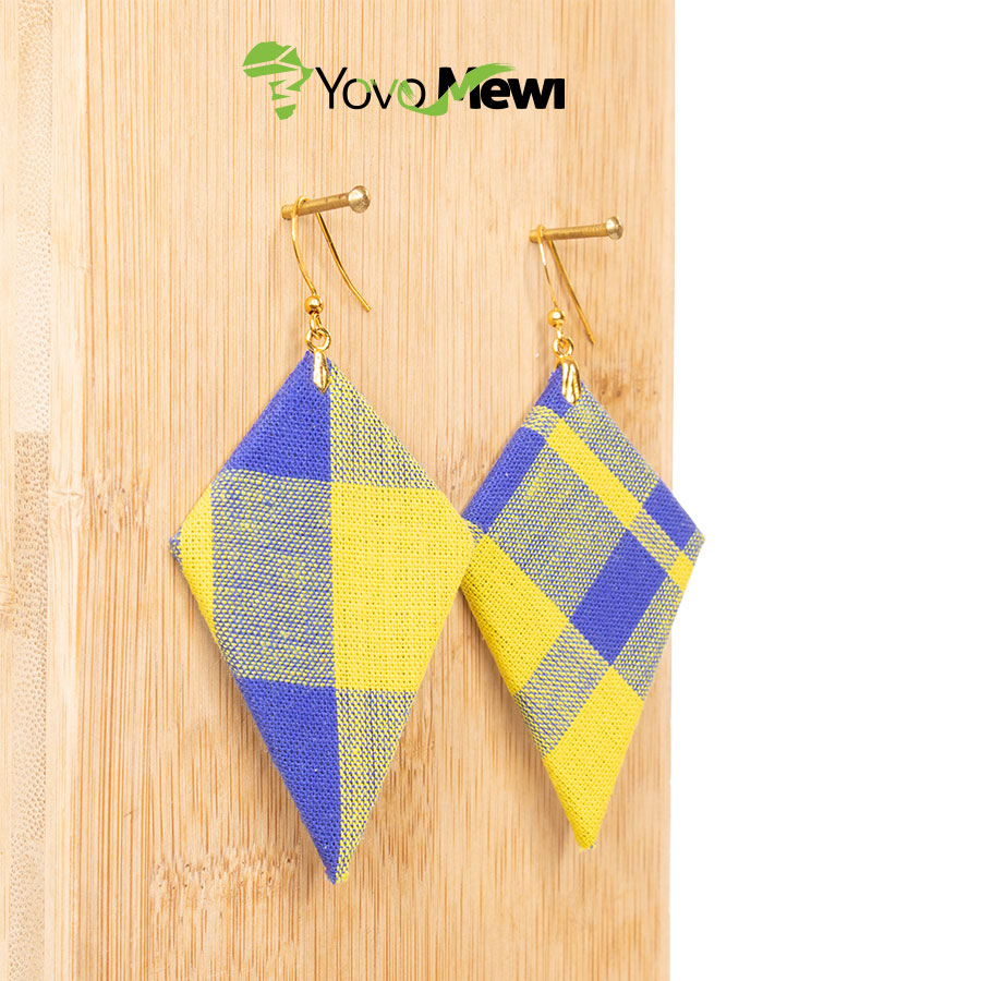 Boucles d'oreilles en tissu madras, jaune bleu, forme quadrilatère, bijoux madras n.202