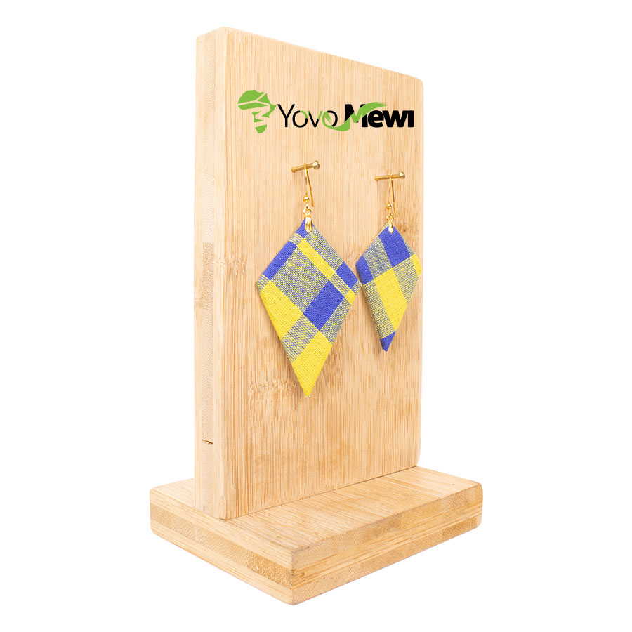 Boucles d'oreilles en tissu madras, jaune bleu, forme quadrilatère, bijoux madras n.202