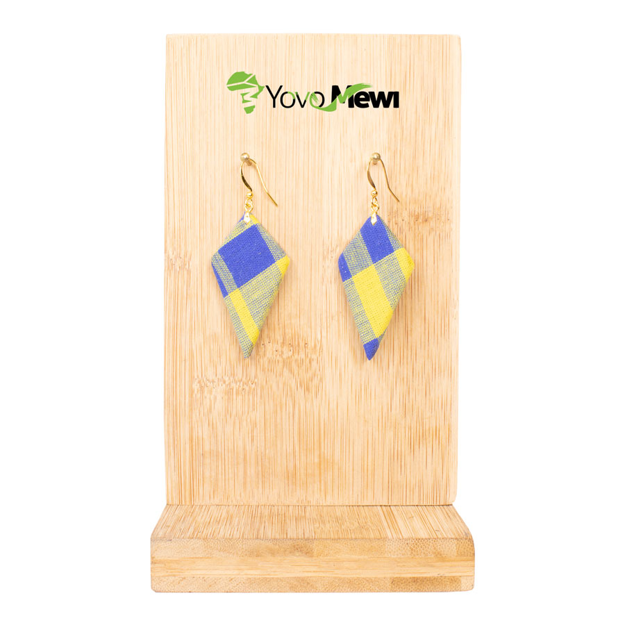 Boucles d'oreilles en tissu madras, jaune bleu, forme quadrilatère, bijoux madras n.202