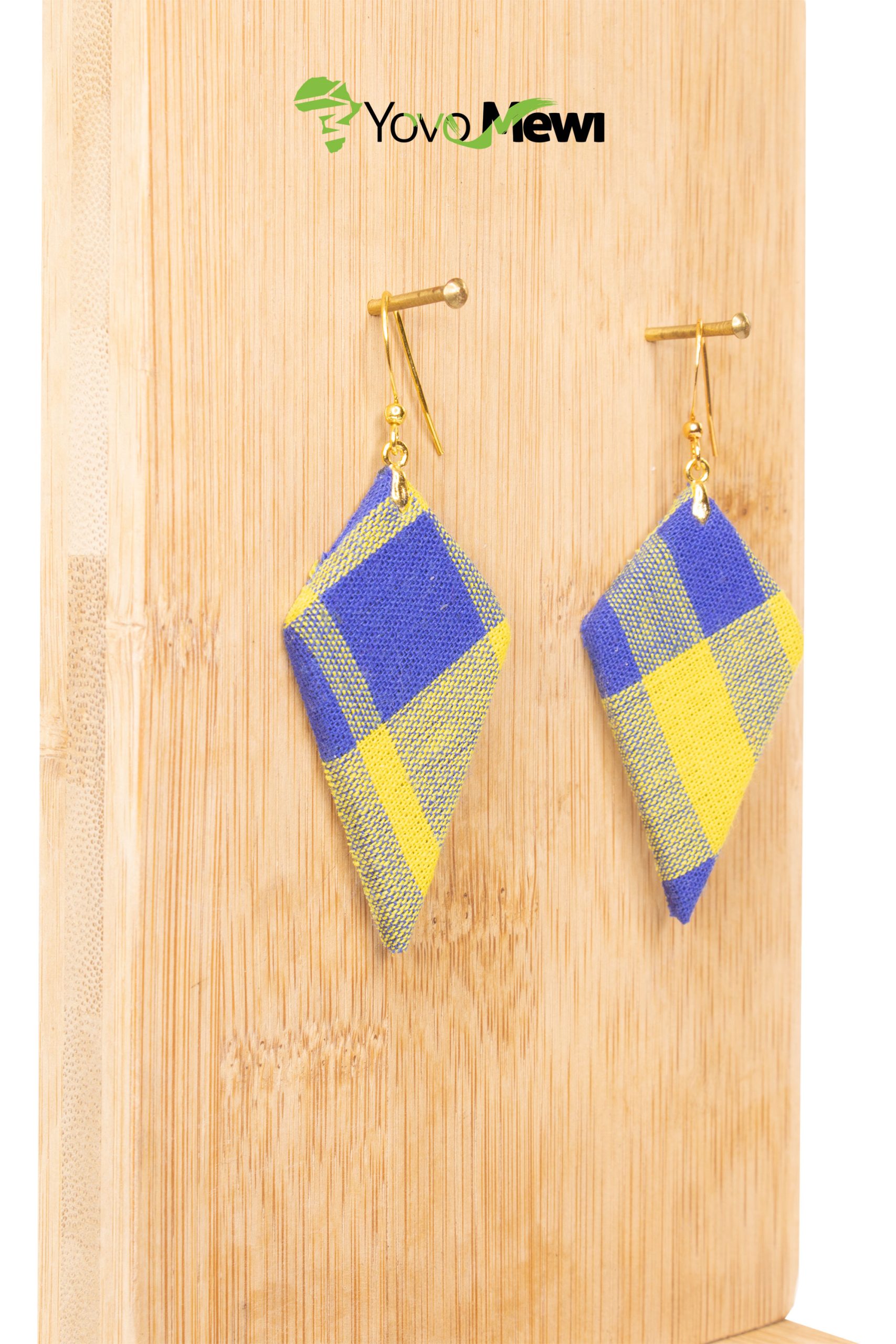 Boucles d'oreilles en tissu madras, jaune bleu, forme quadrilatère, bijoux madras n.202