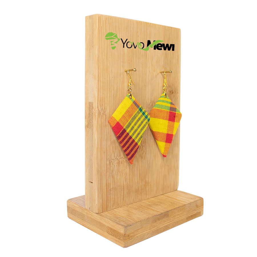 Boucles d'oreilles en tissu madras, jaune orange rouge, forme quadrilatère, bijoux madras n.199