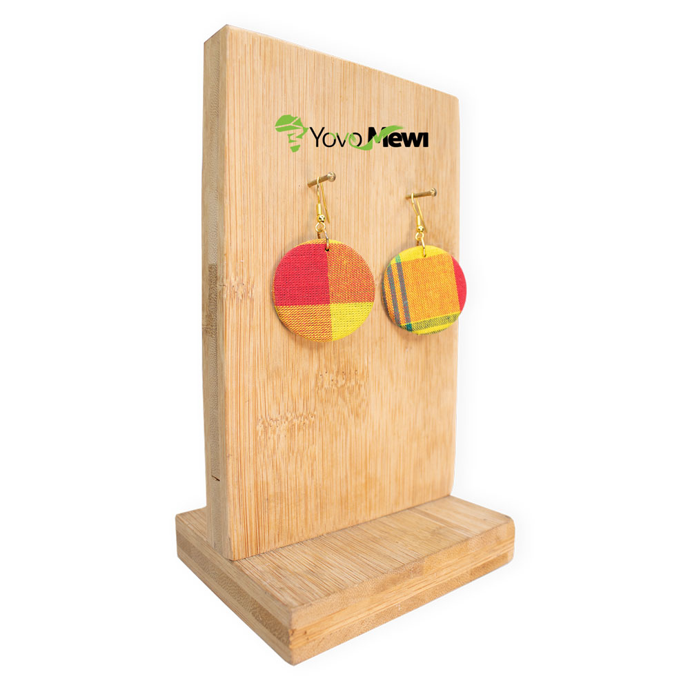 Boucles d'oreilles  madras forme ronde, tissu  Madras, jaune rouge orange,  bijoux madras n.2