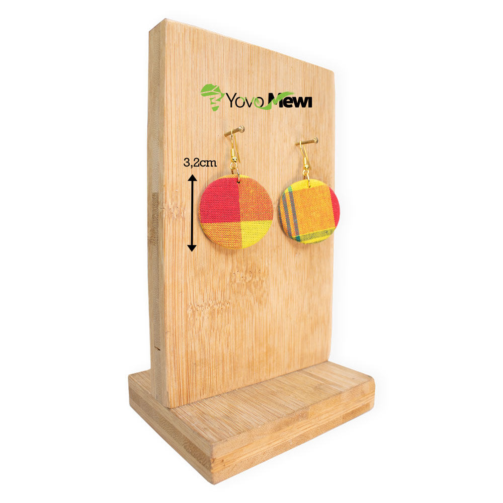 Boucles d'oreilles  madras forme ronde, tissu  Madras, jaune rouge orange,  bijoux madras n.2