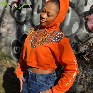 Sweat crop top orange, touche de wax plastron orange marron noir