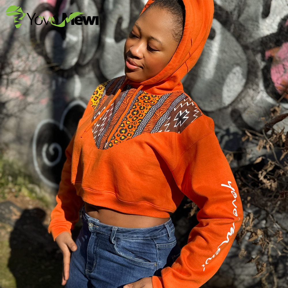 Sweat crop top orange, touche de wax plastron orange marron noir