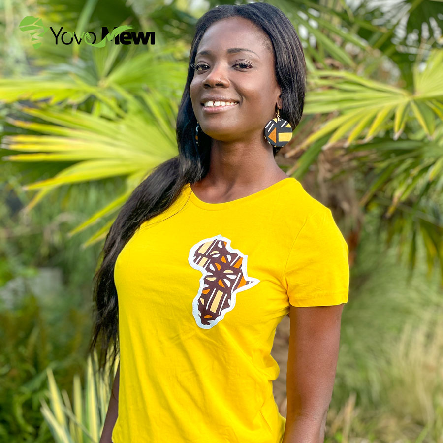 Tee-shirt afrique en tissu wax bogolan, coupe femme, jaune marron