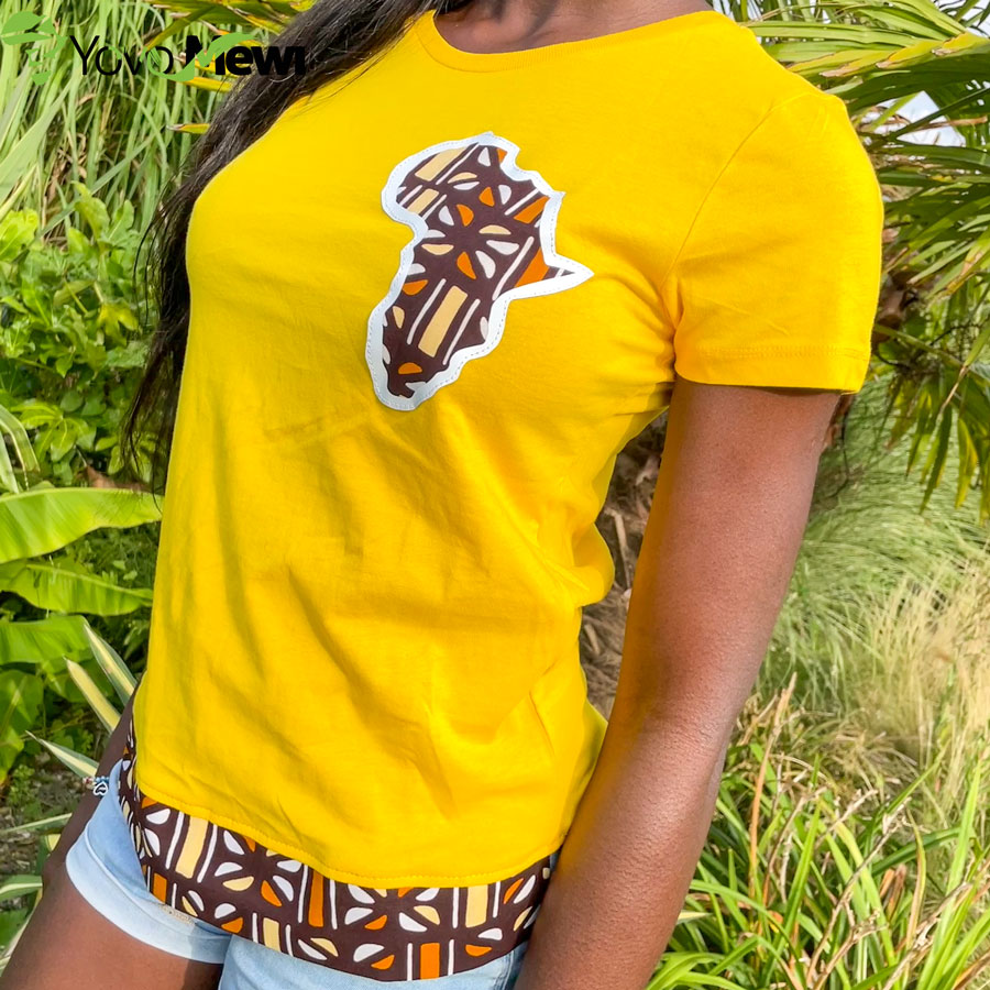 Tee-shirt afrique en tissu wax bogolan, coupe femme, jaune marron