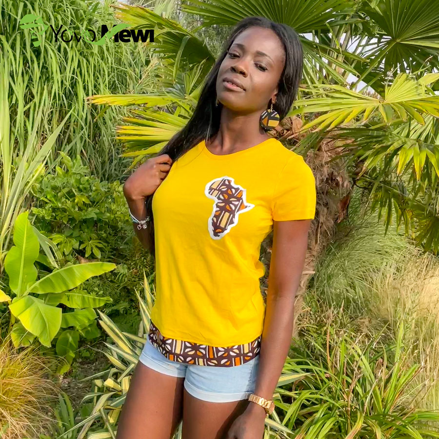 Tee-shirt afrique en tissu wax bogolan, coupe femme, jaune marron