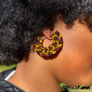 Boucles d’oreilles créoles, Tissu Wax motif écailles de poisson  jaune & noir