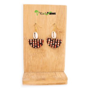Boucles d'oreilles en tissu wax et cauris, forme éventail, marron noir, bijoux wax cauris n.67