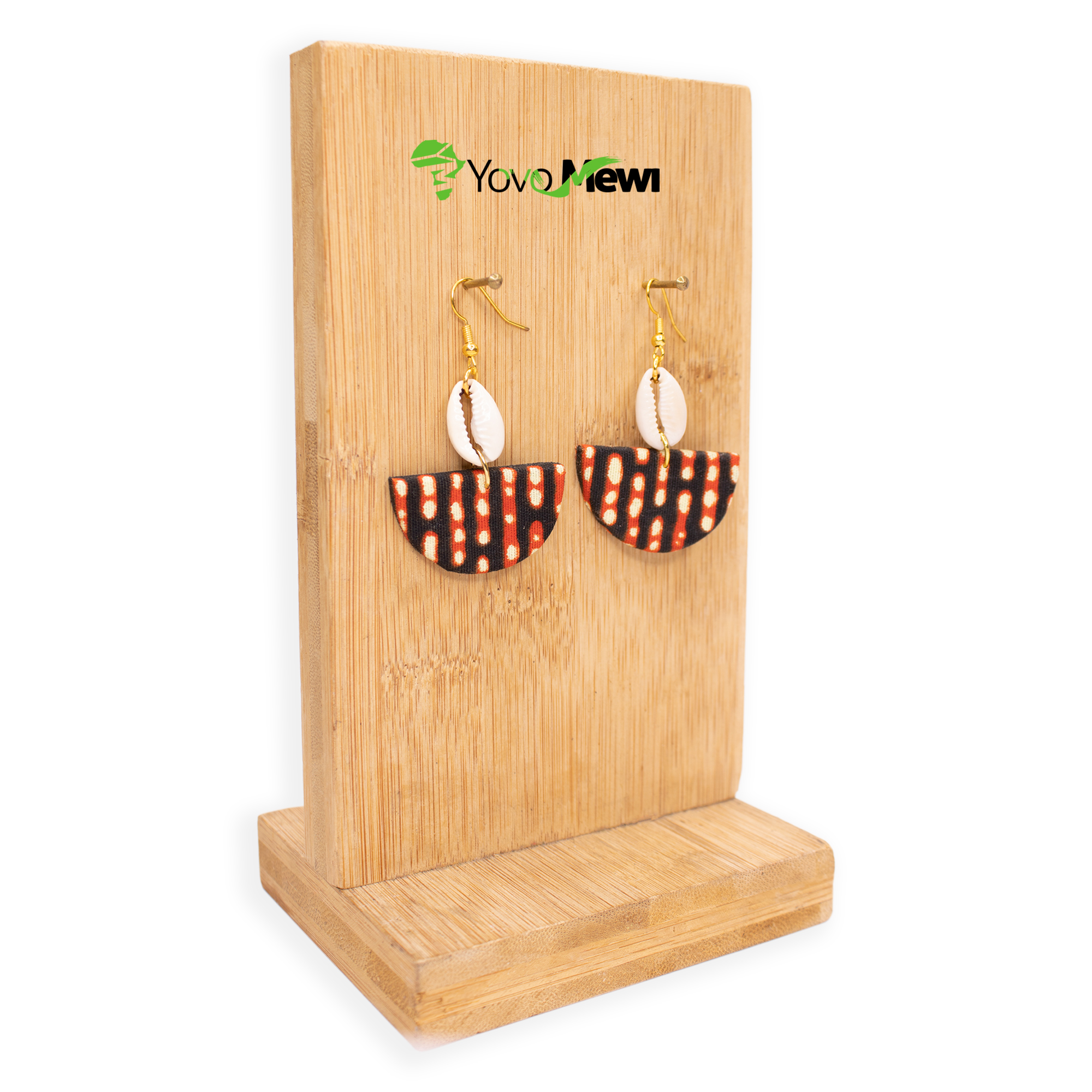 Boucles d'oreilles en tissu wax et cauris, forme éventail, marron noir, bijoux wax cauris n.67