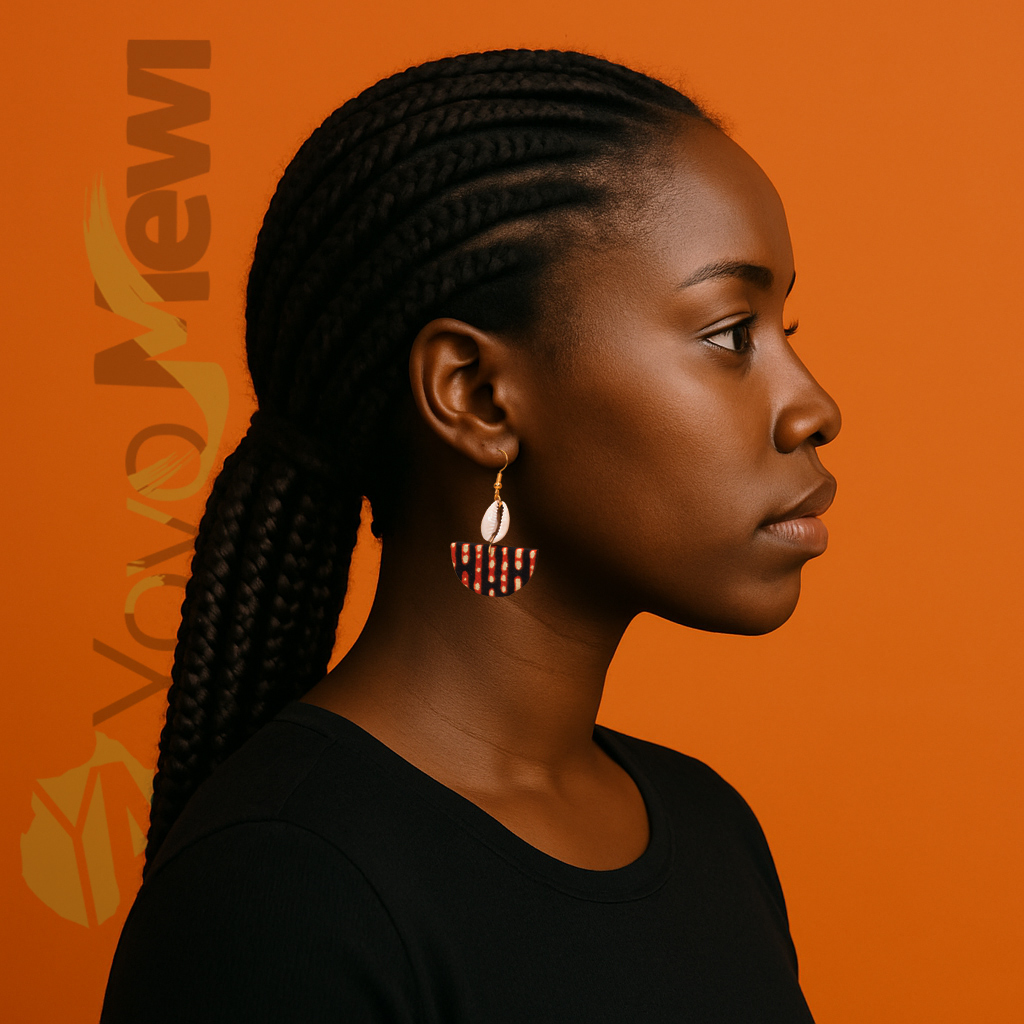 Boucles d'oreilles en tissu wax et cauris, forme éventail, marron noir, bijoux wax cauris n.67