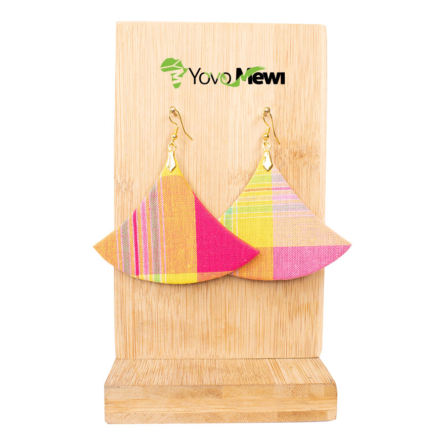 Boucles d'oreilles éventail, tissu madras orange rose jaune ,bijoux madras n.201