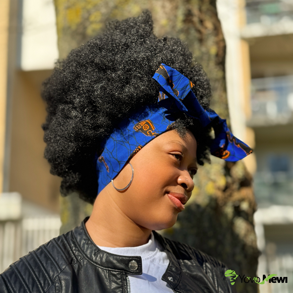 Bandeau en tissu wax bleu orange, accessoire cheveux turban rigide