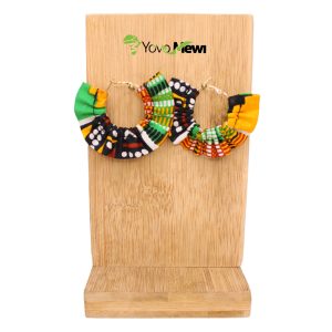 Boucles d’oreilles créoles, Tissu Wax motif mix bogolan kenté  jaune & orange vert