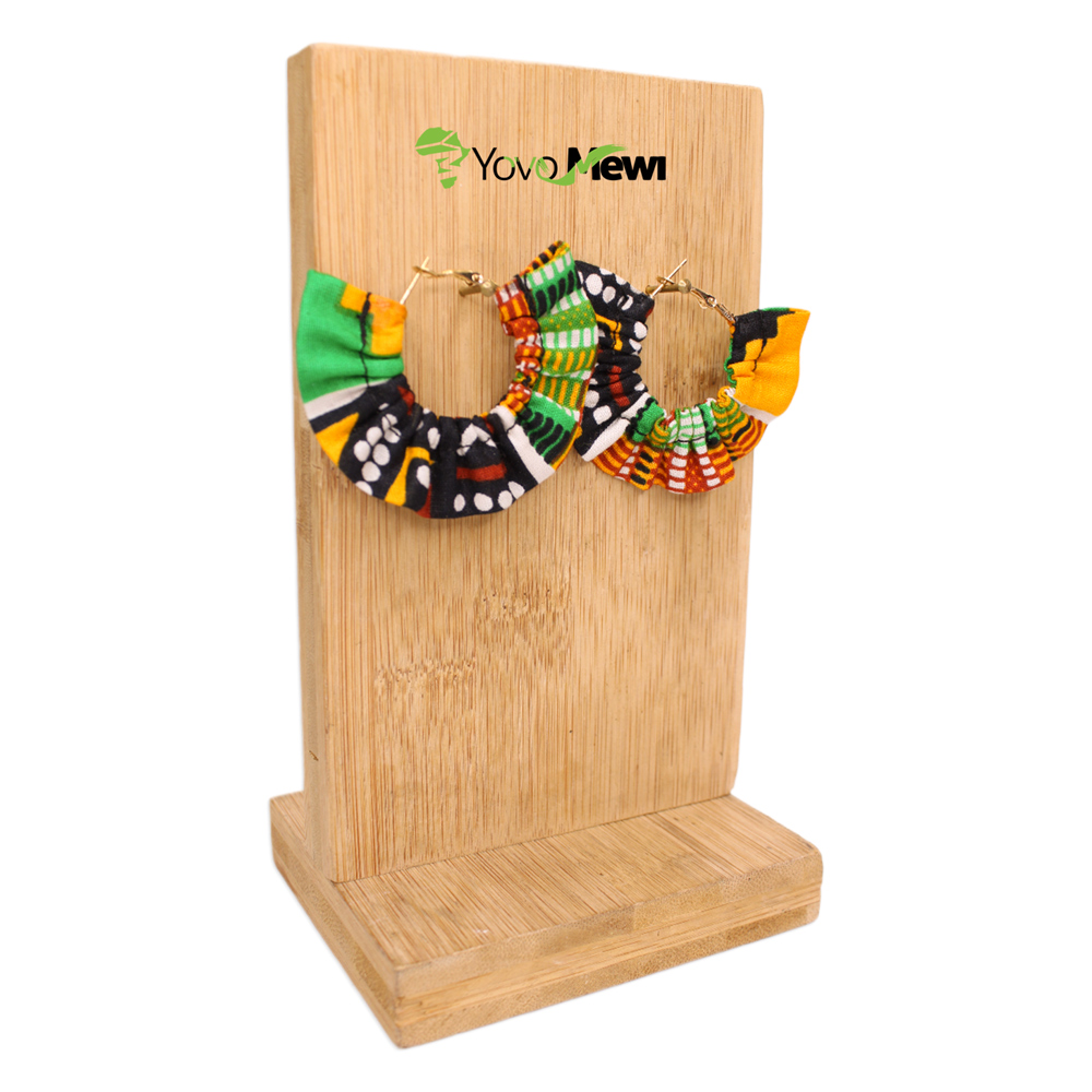 Boucles d’oreilles créoles, Tissu Wax motif mix bogolan kenté  jaune & orange vert