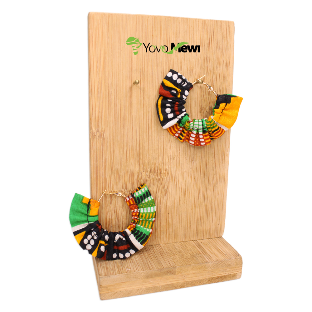 Boucles d’oreilles créoles, Tissu Wax motif mix bogolan kenté  jaune & orange vert