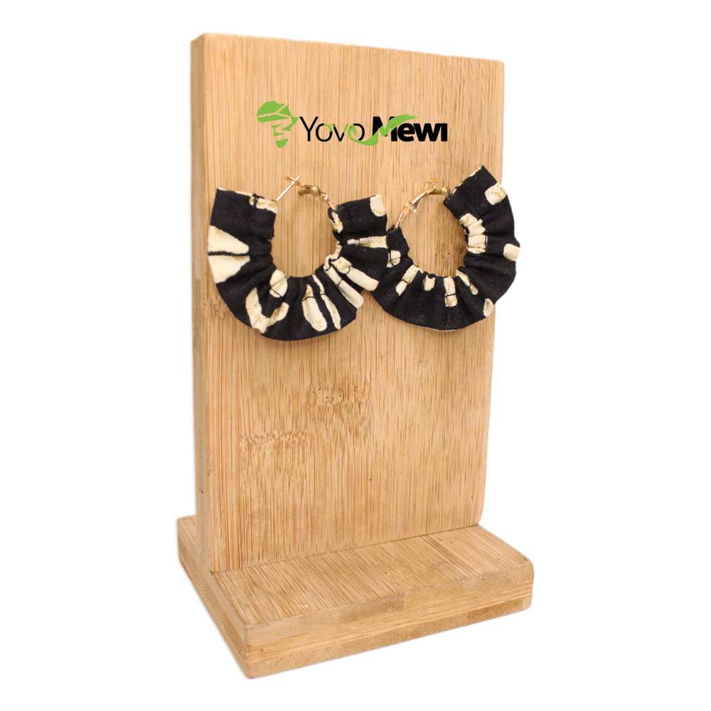 Boucles d’oreilles créoles, Tissu Wax motif bogolan  noir et beige, bijoux wax