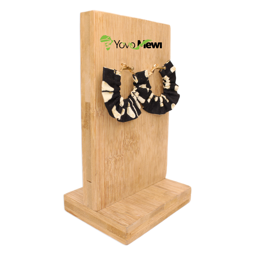 Boucles d’oreilles créoles, Tissu Wax motif bogolan  noir et beige, bijoux wax