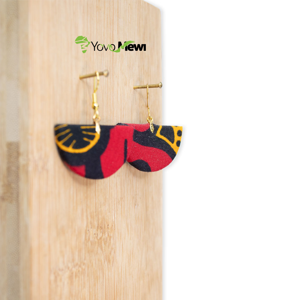 Boucles d'oreilles en tissu wax, forme éventail, rouge noir, bijoux wax  n.67
