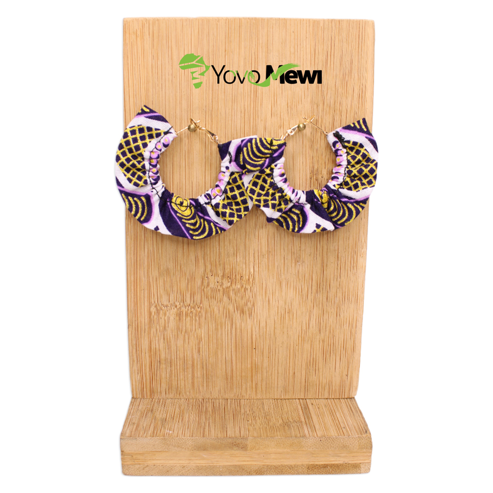 Boucles d’oreilles créoles tissu Wax pailleté blanc violet , bijoux wax pailleté