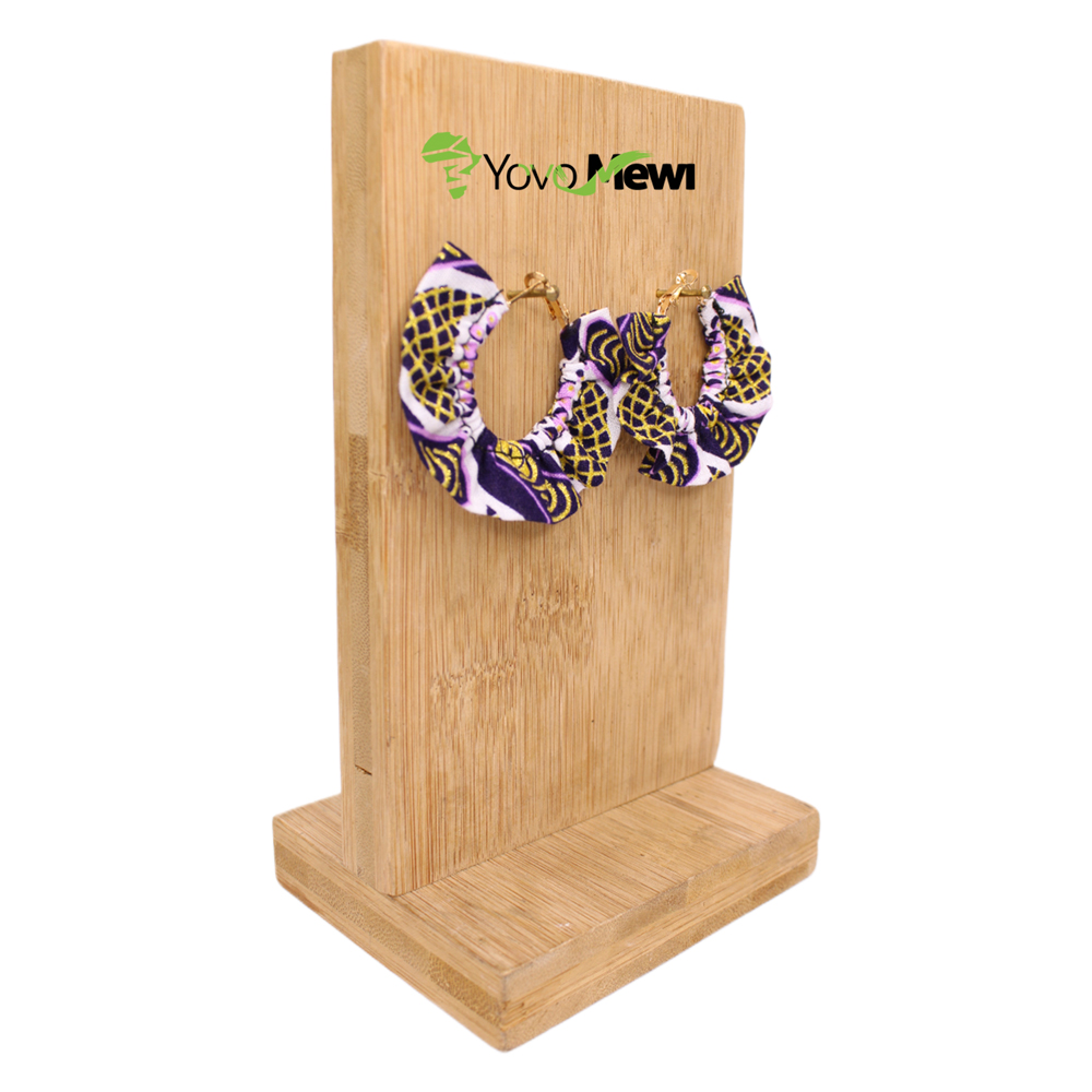 Boucles d’oreilles créoles tissu Wax pailleté blanc violet , bijoux wax pailleté