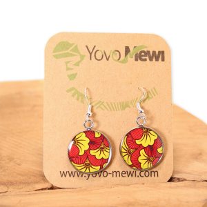 Boucles d'oreilles en tissu Fleurs de mariage, bijoux cabochon résine, boucles  pendantes rouge jaune,  n.13