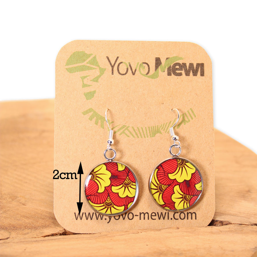 Boucles d'oreilles en tissu Fleurs de mariage, bijoux cabochon résine, boucles  pendantes rouge jaune,  n.13