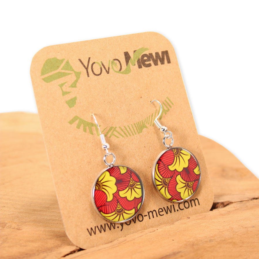 Boucles d'oreilles en tissu Fleurs de mariage, bijoux cabochon résine, boucles  pendantes rouge jaune,  n.13