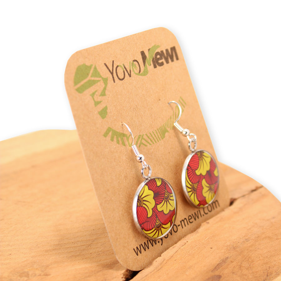 Boucles d'oreilles en tissu Fleurs de mariage, bijoux cabochon résine, boucles  pendantes rouge jaune,  n.13