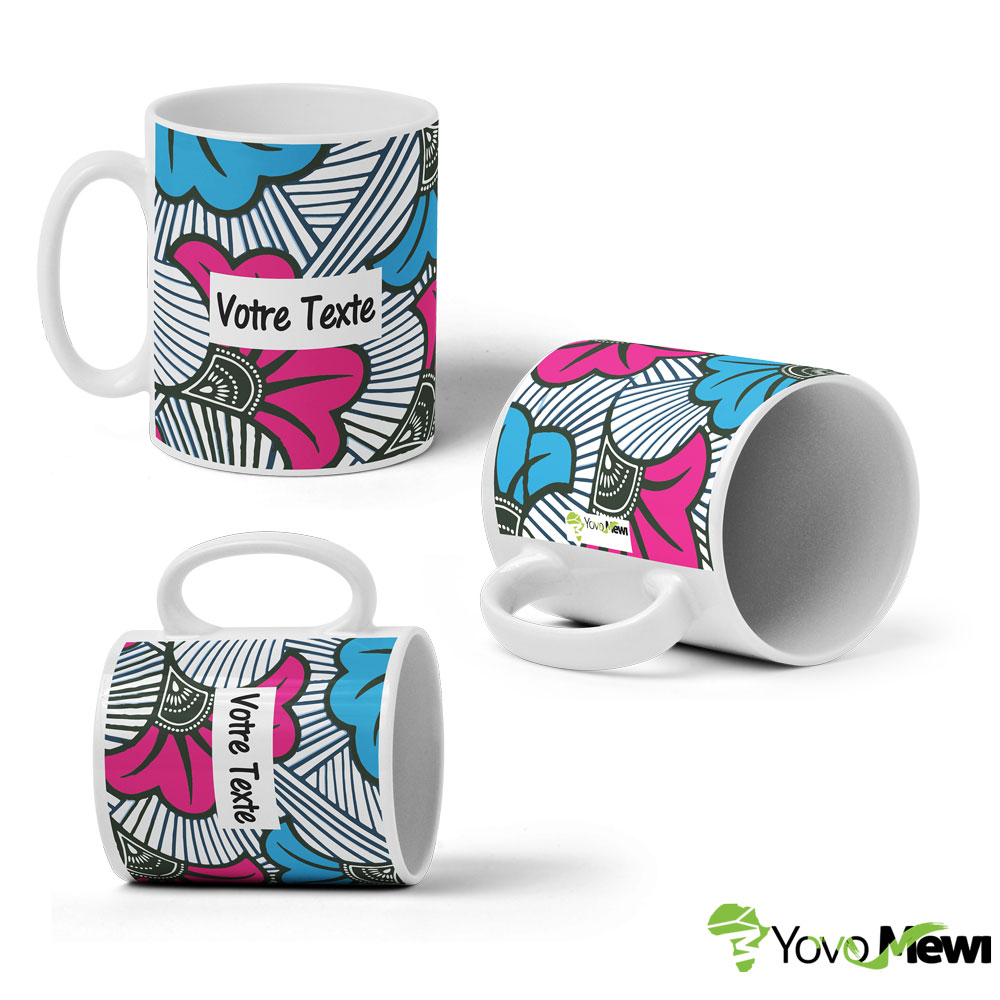 Mug Céramique Fleurs de mariage rose bleu tissu wax, tasse personnalisable