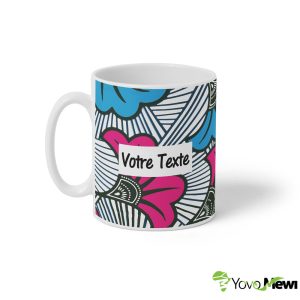 Mug Céramique Fleurs de mariage rose bleu tissu wax, tasse personnalisable