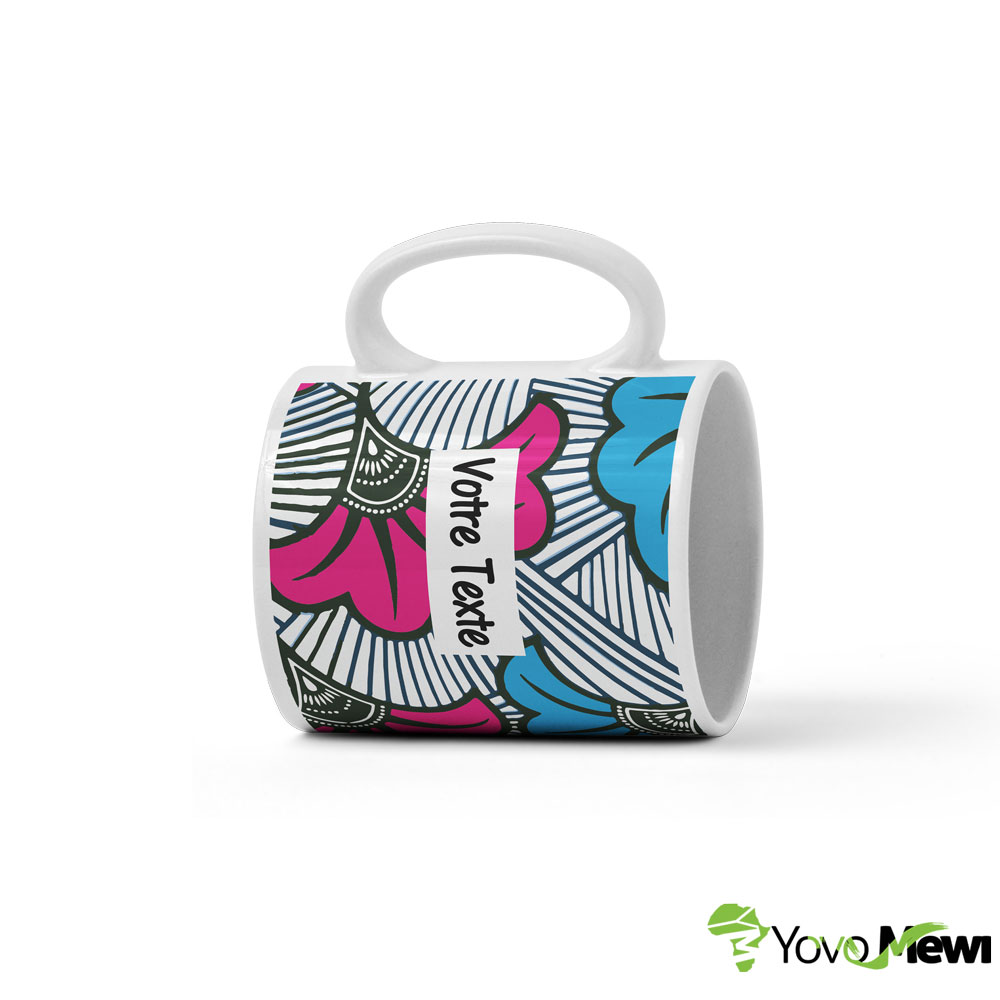 Mug Céramique Fleurs de mariage rose bleu tissu wax, tasse personnalisable