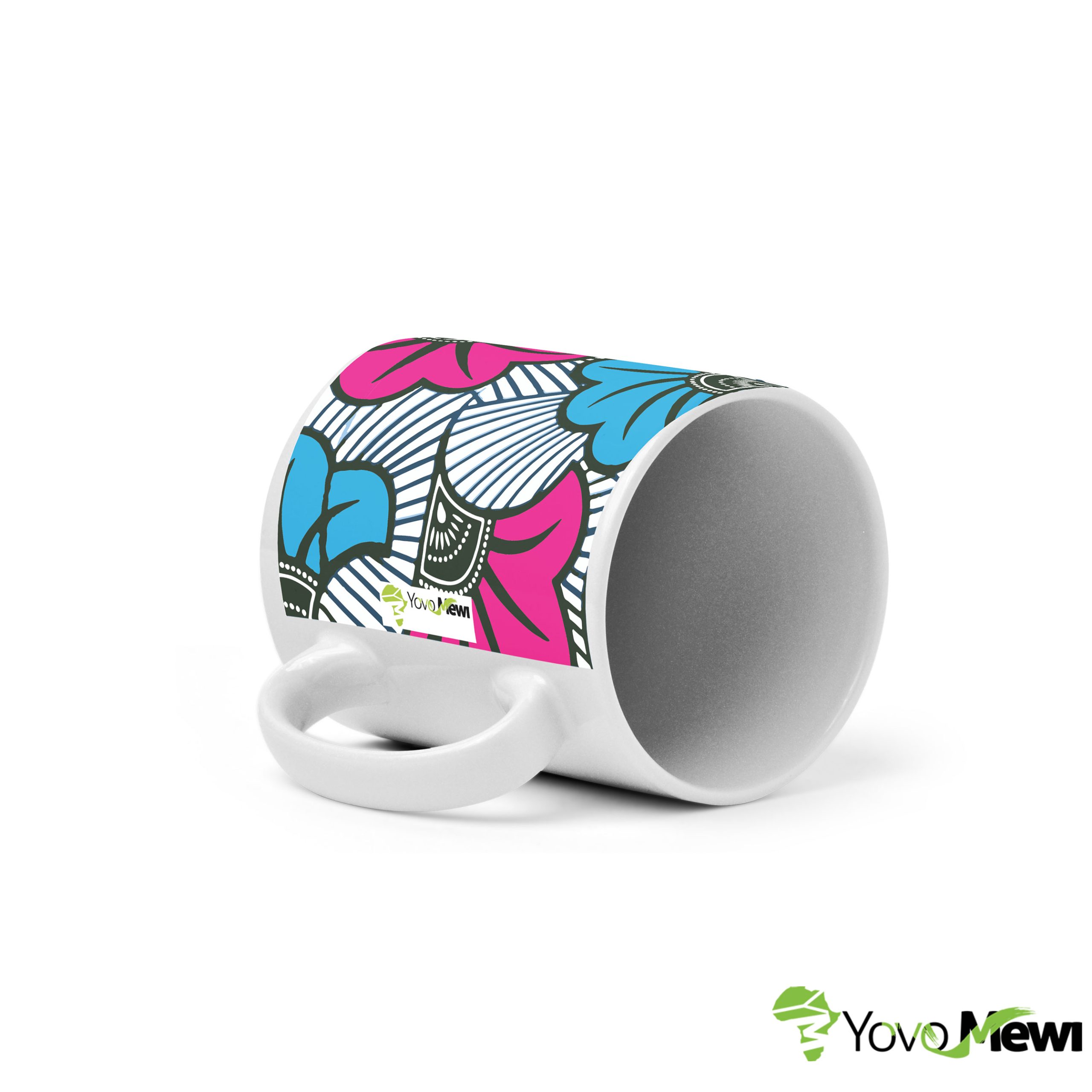 Mug Céramique Fleurs de mariage rose bleu tissu wax, tasse personnalisable