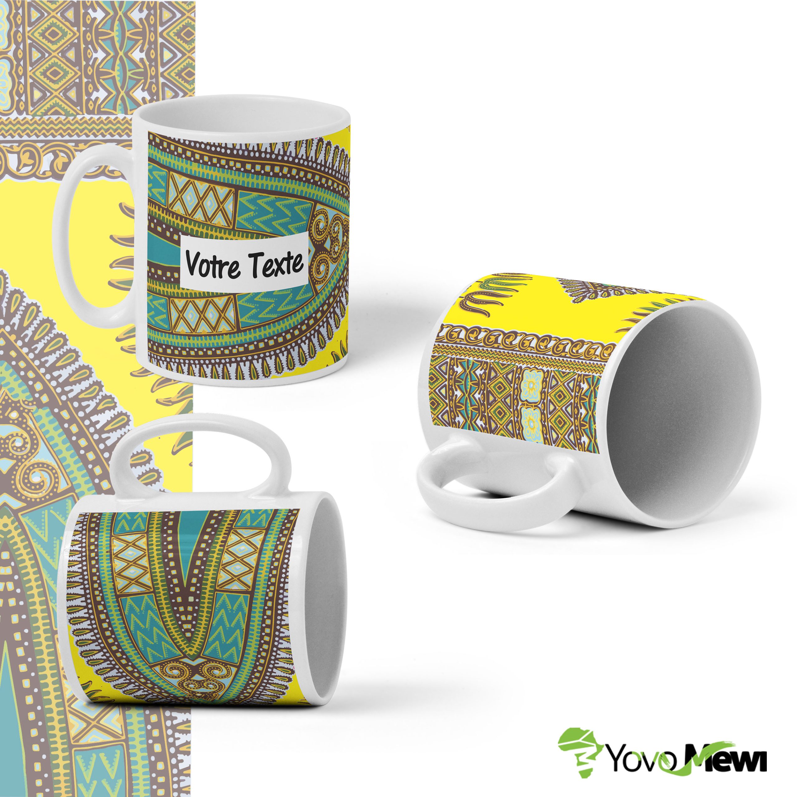Mug motif Dashiki Céramique en tissu wax  jaune vert rouge rose disponible de la personnalisé