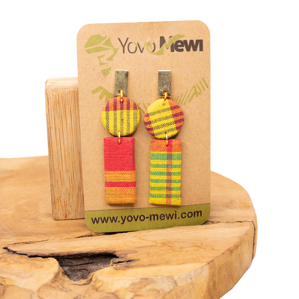 Boucles d’oreilles en tissu madras rectangle, Jaune Rouge & Orange, bijoux madras n.17