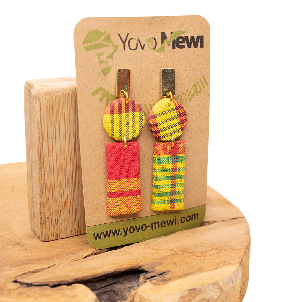 Boucles d’oreilles en tissu madras rectangle, Jaune Rouge & Orange, bijoux madras n.17