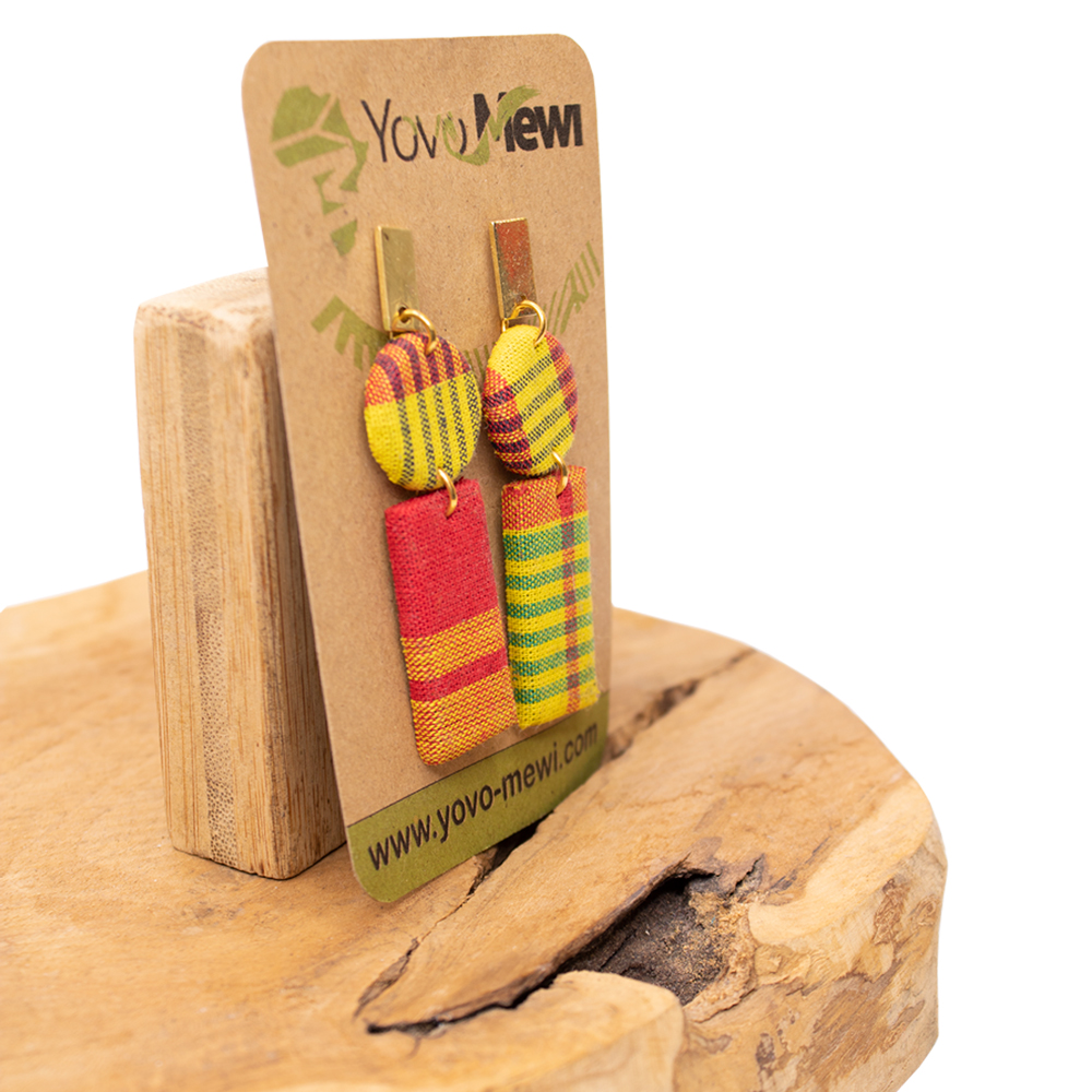 Boucles d’oreilles en tissu madras rectangle, Jaune Rouge & Orange, bijoux madras n.17