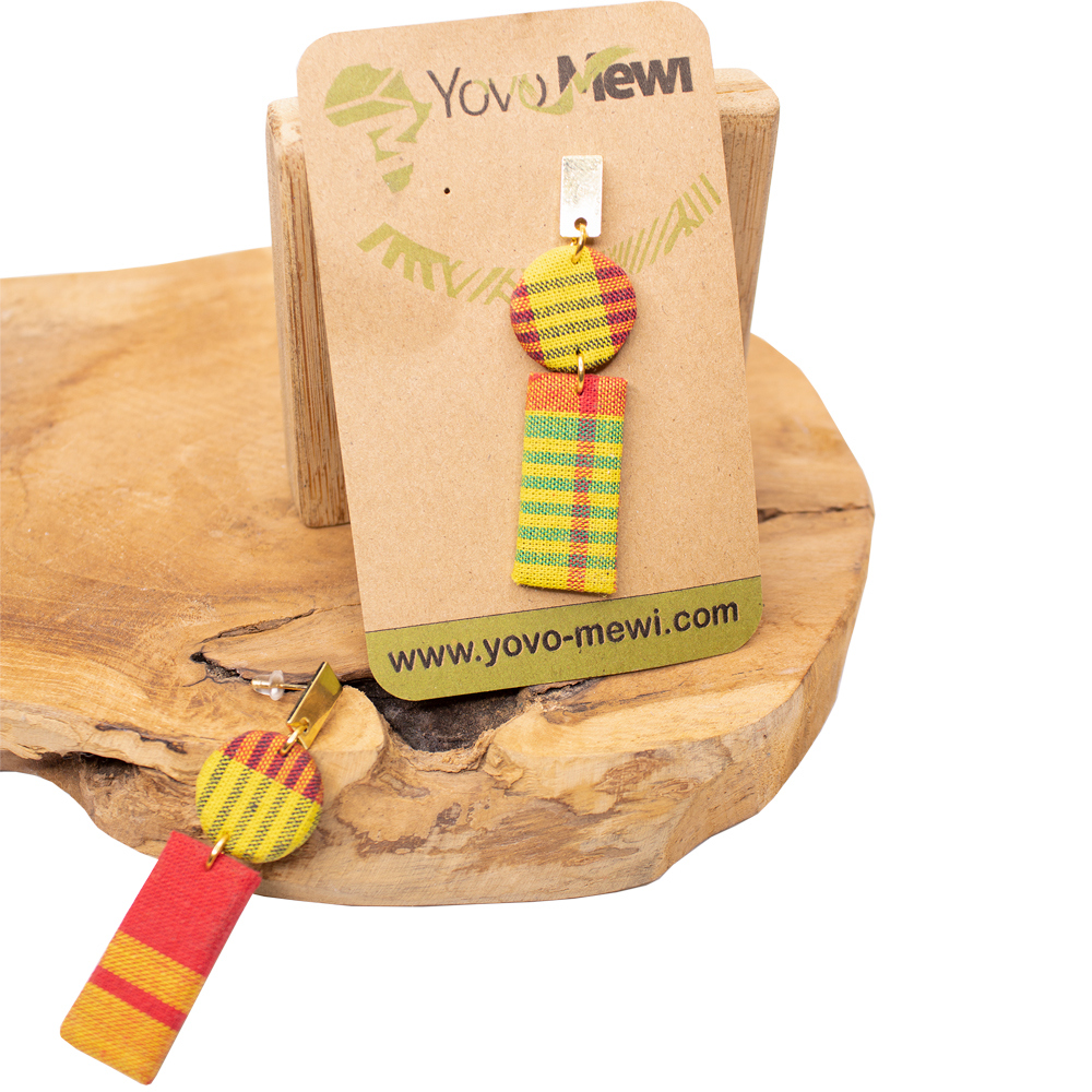 Boucles d’oreilles en tissu madras rectangle, Jaune Rouge & Orange, bijoux madras n.17