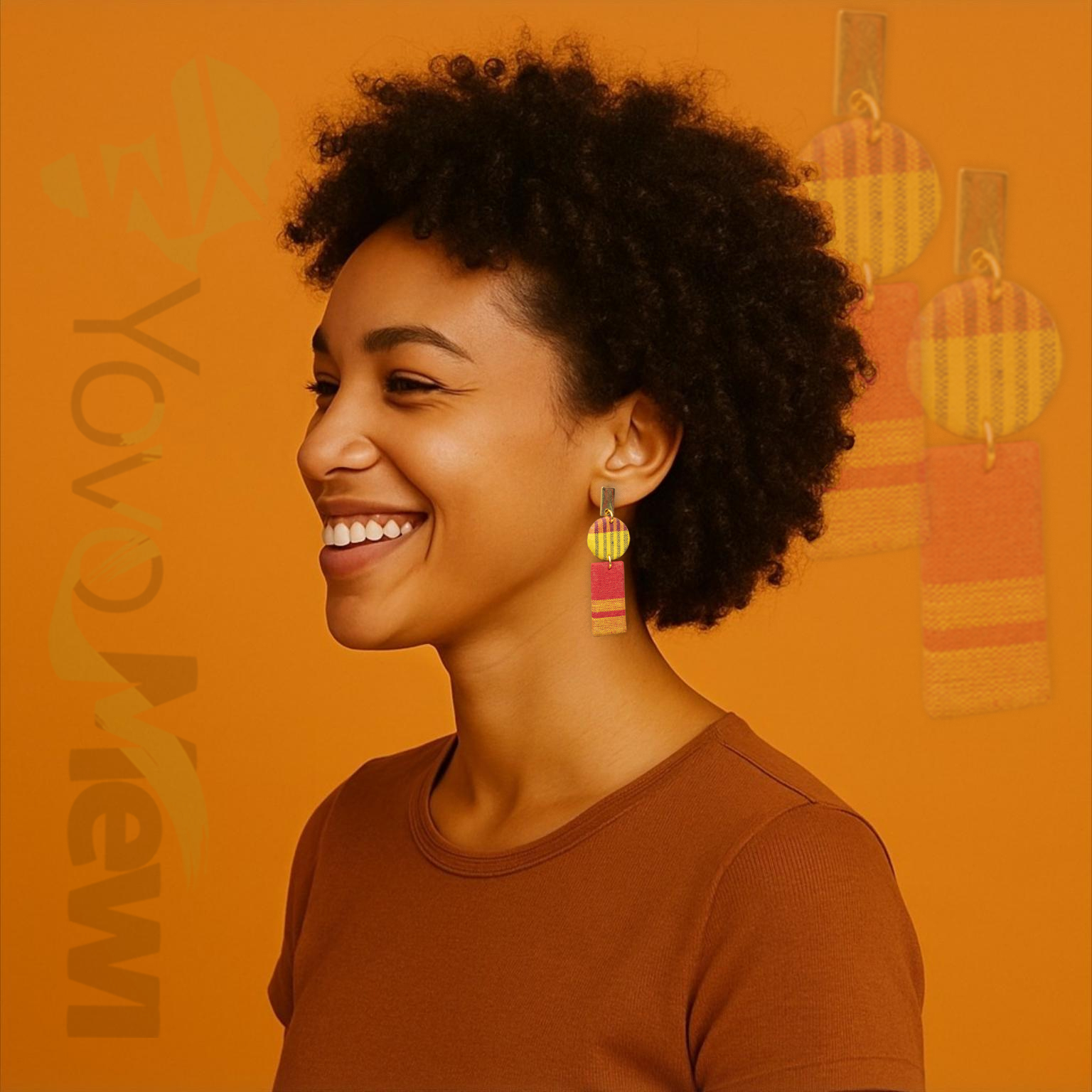 Boucles d’oreilles en tissu madras rectangle, Jaune Rouge & Orange, bijoux madras n.17