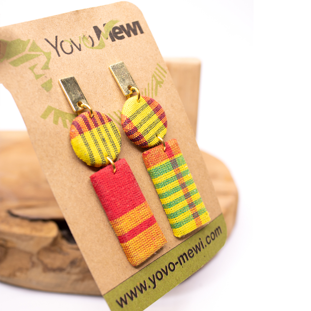 Boucles d’oreilles en tissu madras rectangle, Jaune Rouge & Orange, bijoux madras n.17