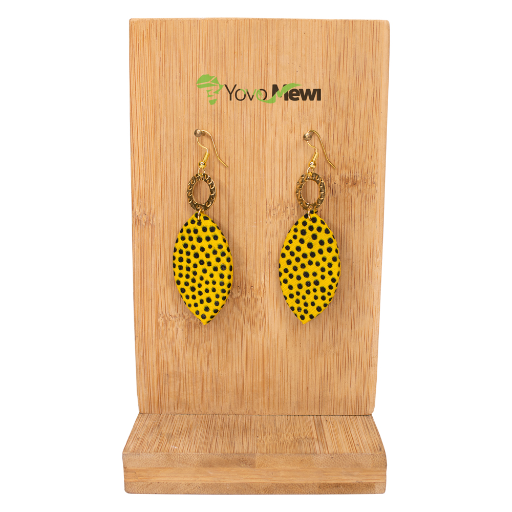 Boucles d’oreilles en tissu wax, Jaune & points Noir, bijoux wax n.28