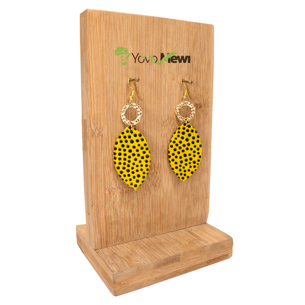 Boucles d’oreilles en tissu wax, Jaune & points Noir, bijoux wax n.28