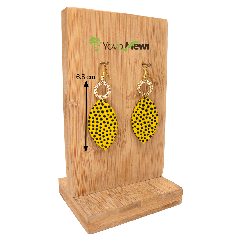 Boucles d’oreilles en tissu wax, Jaune & points Noir, bijoux wax n.28